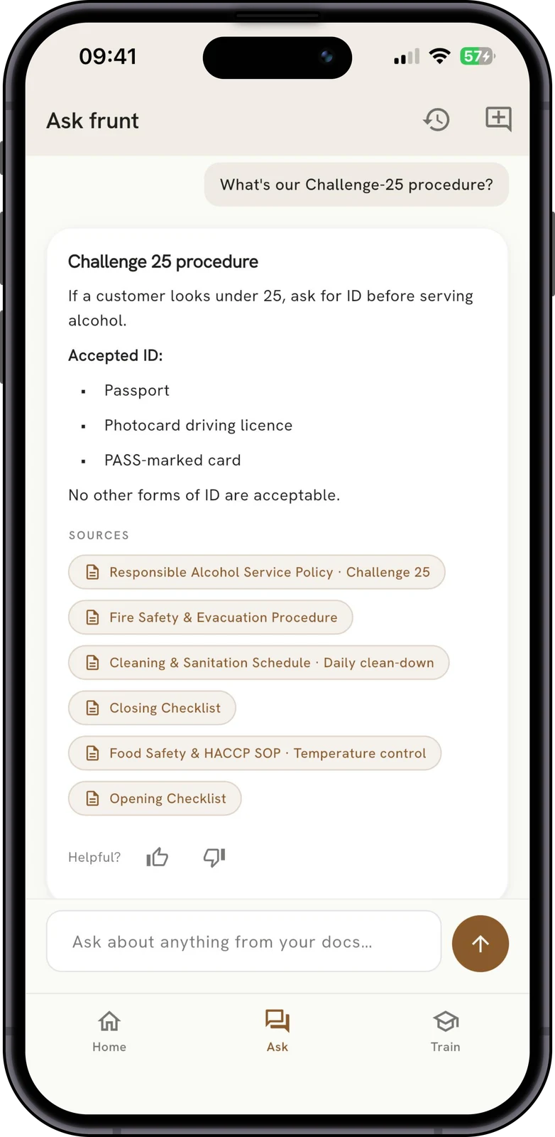 The frunt staff app on an iPhone answering "What's our Challenge-25 procedure?" with the accepted forms of ID, followed by six source chips including a fire safety procedure and an opening checklist. A store screenshot made before the citation fix.