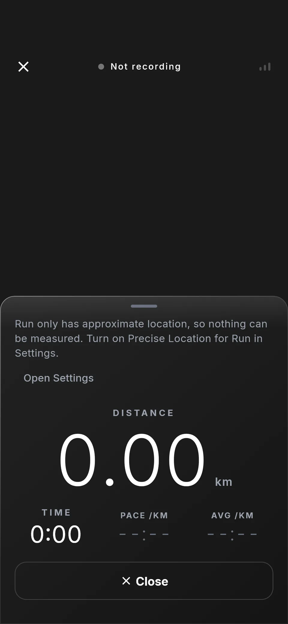Run's recording screen reading Not recording, with the message that Run only has approximate location and an Open Settings button above a distance of 0.00 km